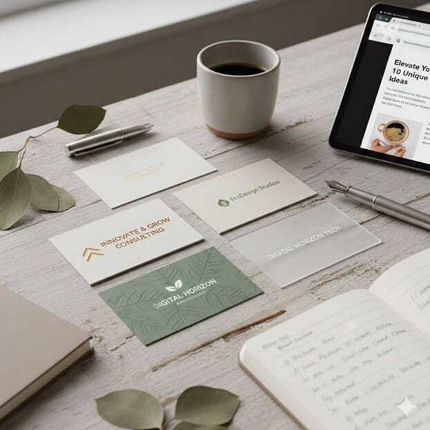 An image of business cards on the table next to a coffee cup.